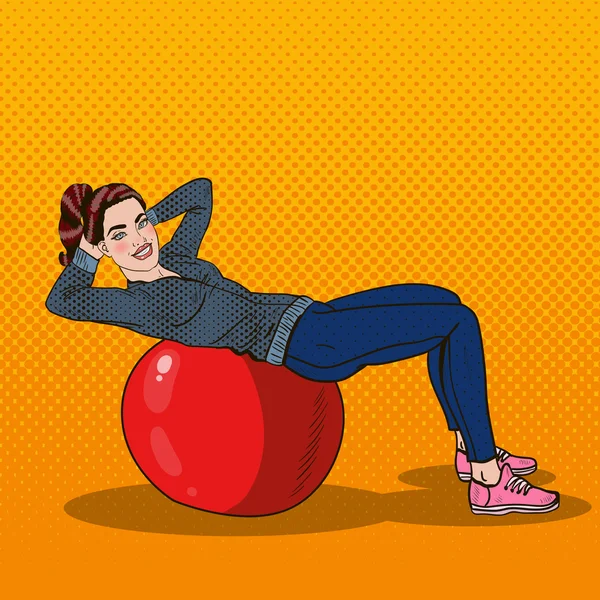 Popart glimlachend Fit vrouw uitoefenen op Fitness bal in de sportschool. Vectorillustratie — Stockvector