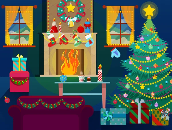 Merry Christmas Home Interior with Christmas Tree, Fireplace and Gifts. Vector Background Stock Illustration
