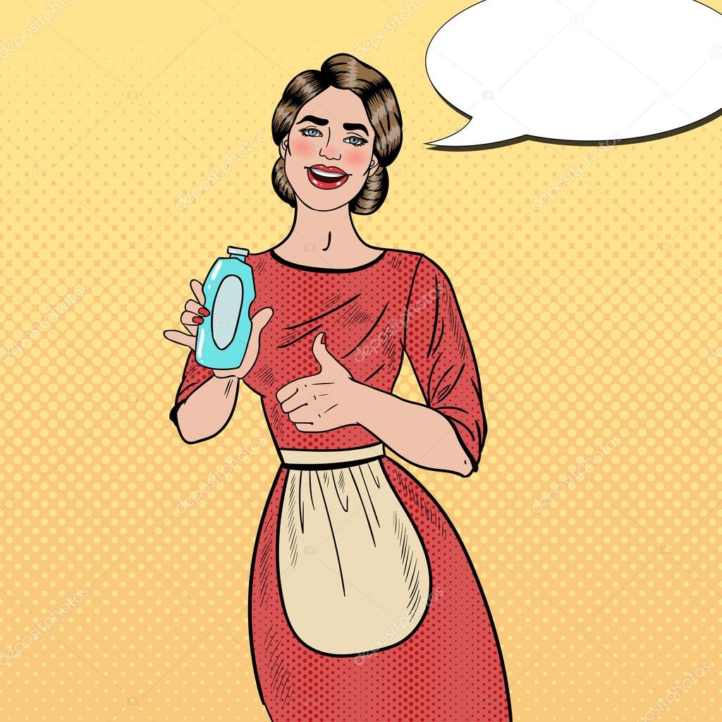 Pop Art Smiling Woman Housewife Holding Detergent Bottle and Showing