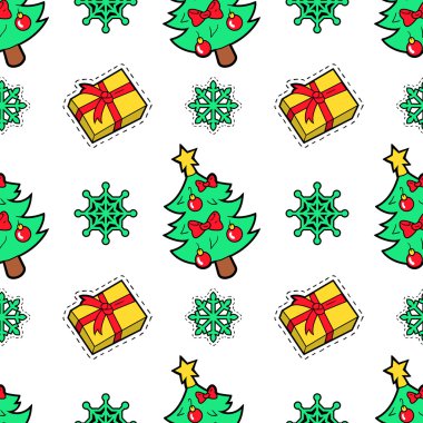 Neşeli Noel ve mutlu yeni yıl Seamless modeli ile Noel ağacı hediyeler ve kar taneleri. Kış tatili kağıt ambalaj. Vektör arka plan