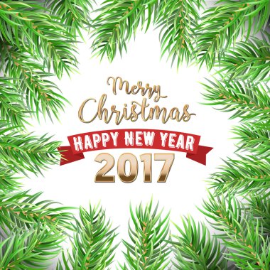 Mutlu Noeller ve mutlu yeni yıl Noel ağacı çam dalları kış tatil tebrik kartı
