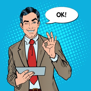 Sanat işadamı Tamam mimik ve göz kırpıyor Tablet ile pop. Vektör çizim