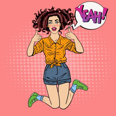 Pop Art genç heyecanlı kadın atlama ve komik konuşma balonu Evet ile büyük başparmak yukarıya el hareketi. Vektör çizim