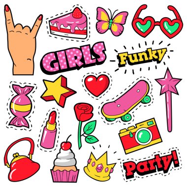 Fashion Girls Badges, Patches, Stickers - Cake, Hand, Heart, Crown and Lipstick in Pop Art Comic Style clipart
