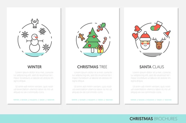 Folhetos de vetor de linha fina Christmass feliz com ícones de férias de inverno Papai Noel boneco de neve e árvore de Natal — Vetor de Stock