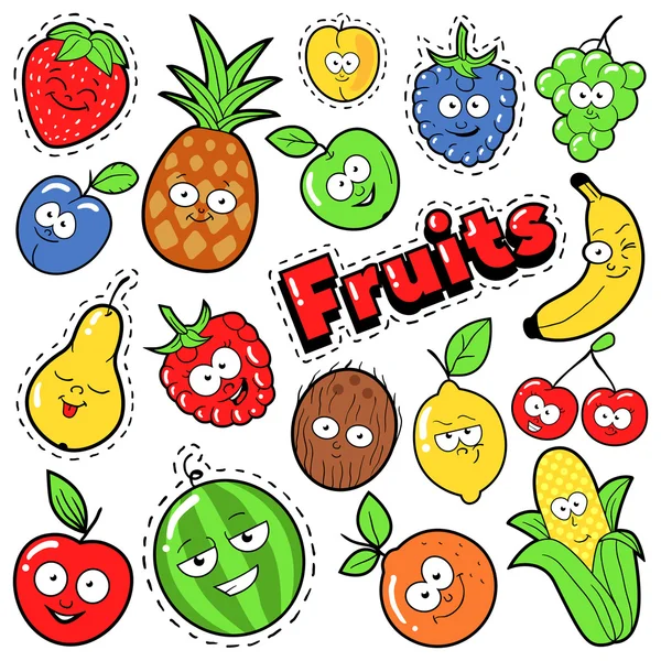Divertidos Emoticones de Frutas Insignias, Parches, Pegatinas - Banana Apple Pera y Limón en Pop Art Comic Style. Ilustración vectorial — Archivo Imágenes Vectoriales