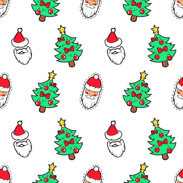 Frohe Weihnachten und ein glückliches neues Jahr nahtloses Muster mit Weihnachtsbaum und Weihnachtsmann. Packpapier für die Winterferien. Vektorhintergrund — Stockvektor