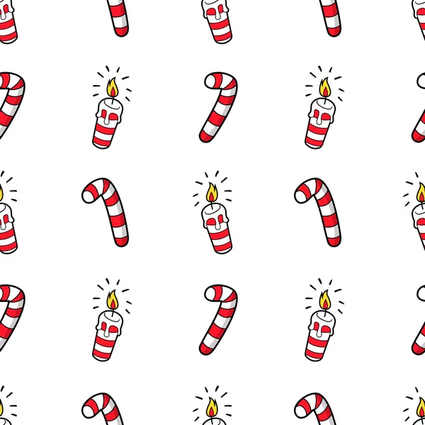 Frohe Weihnachten und ein glückliches neues Jahr nahtlose Muster mit Weihnachtskerzen und Bonbons. Packpapier für die Winterferien. Vektorhintergrund — Stockvektor