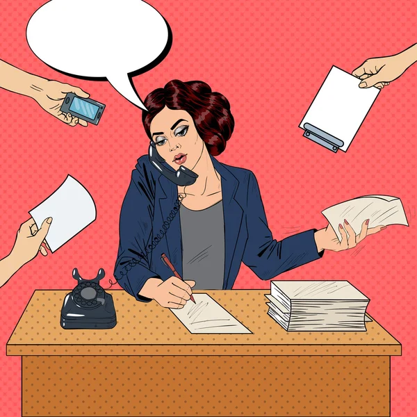 Sanat Multitasking meşgul iş kadını Office iş yerinde baba. Vektör çizim