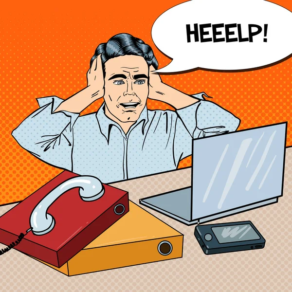 Popart benadrukt zakenman aan het bureauwerk met telefoon en Laptop. Vectorillustratie — Stockvector