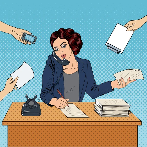 Pop Art Multitasking Busy Business Woman at Office Work. Vector illustration — Stock vektor