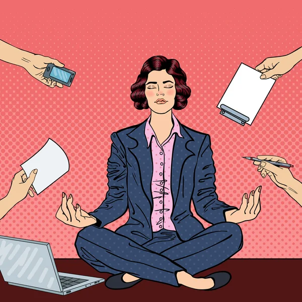 Popart Business Woman Maditating bij Laptop op Office Multi Tasking werk op tafel. Vectorillustratie — Stockvector