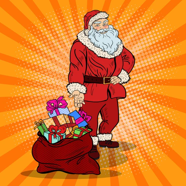 Pop Art Père Noël souriant avec sac de cadeaux de Noël et de Nouvel An. Illustration vectorielle — Image vectorielle