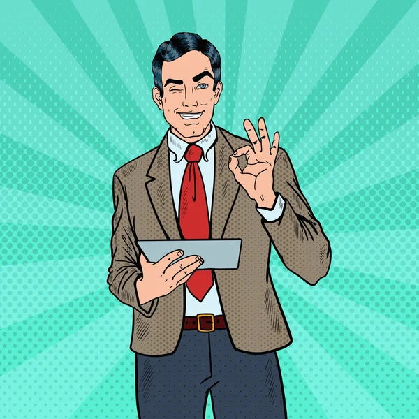 Pop Art Businessman with Tablet Gesturing OK and Winking. Vector illustration — ストックベクタ