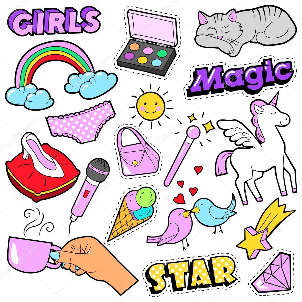 Fashion Girls Badges, Patches, Stickers - Rainbow, Cat, Hand and Birds in Pop Art Comic Style. Vector illustration