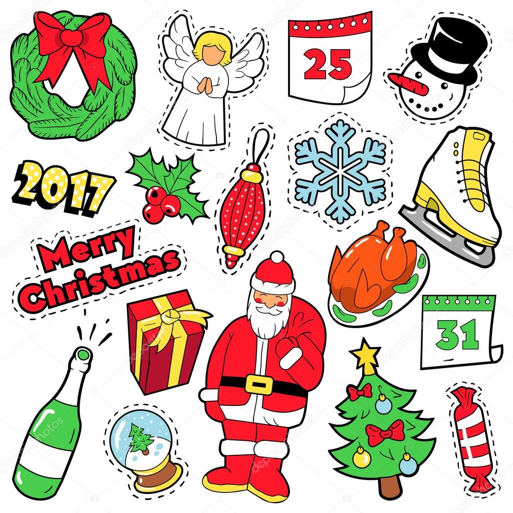 Merry Christmas Badges Patches Stickers Santa Claus Christmas Tree Gifts and Angel in Pop Art ic Style Vector illustration — Vektor od vectorlab