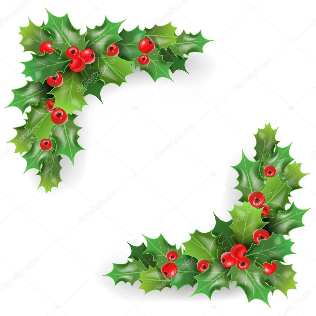 Merry Christmas Holly Berries with Leaves. Winter Holidays Greeting Card Template. Vector illustration