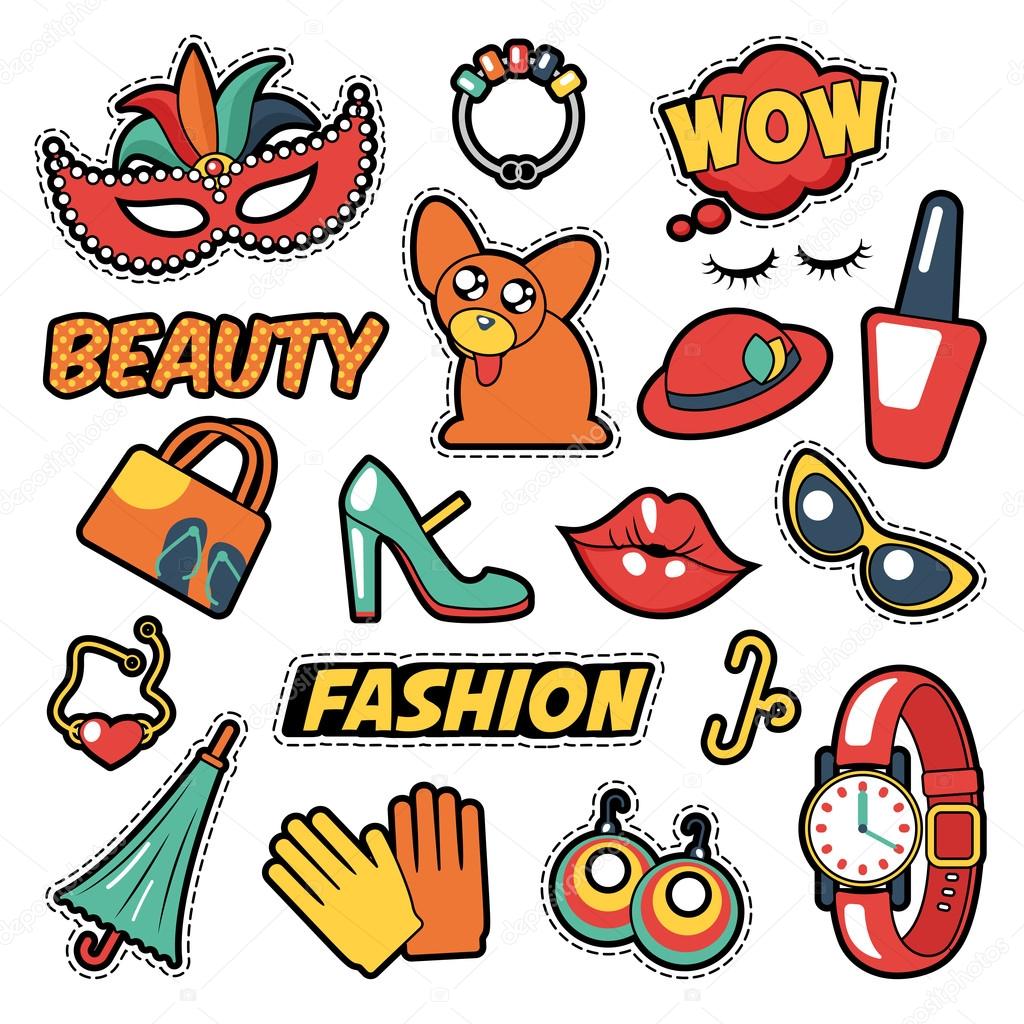 Fashion Girls Badges, Patches, Stickers - Comic Bubble, Dog, Lips and Clothes in Pop Art Comic Style. Vector illustration