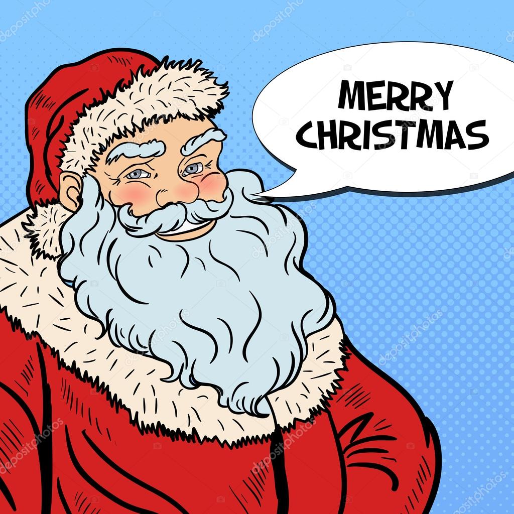 Pop Art Smiling Santa Claus wishing Merry Christmas in ic Speech Bubble Vector illustration — Vektor od vectorlab