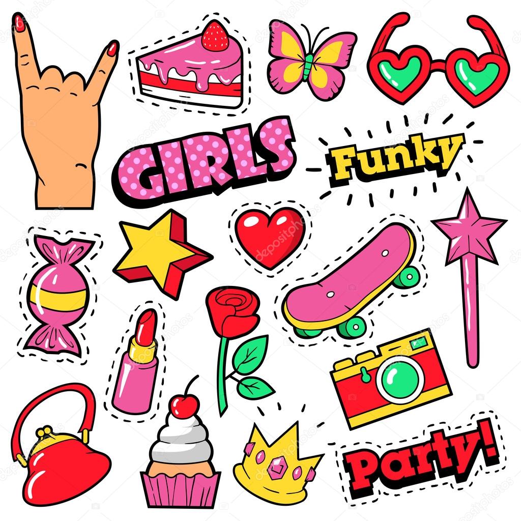 Fashion Girls Badges, Patches, Stickers - Cake, Hand, Heart, Crown and Lipstick in Pop Art Comic Style