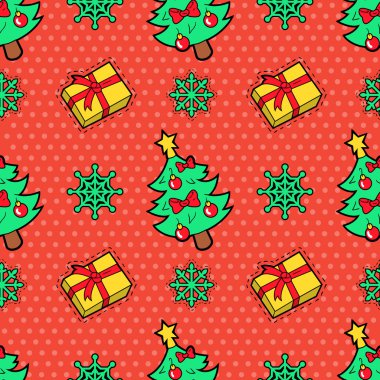 Neşeli Noel ve mutlu yeni yıl Seamless modeli ile Noel ağacı hediyeler ve kar taneleri. Kış tatili kağıt ambalaj. Vektör arka plan