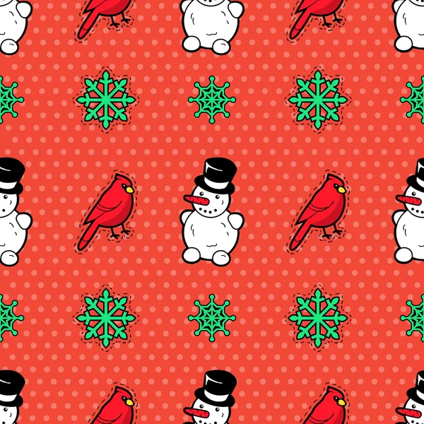 Merry Christmas and Happy New Year Seamless Pattern with Snowman and Birds. Winter Holidays Wrapping Paper. Vector background — Stockový vektor