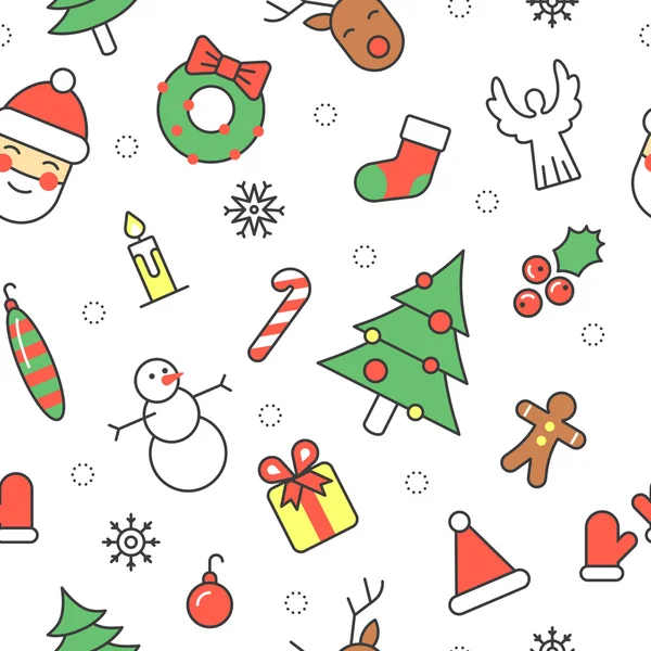Vrolijke Kerstmis en gelukkig Nieuwjaar naadloze patroon met Santa Snowman en de kerstboom. Wintervakantie inpakpapier. Vector achtergrond — Stockvector