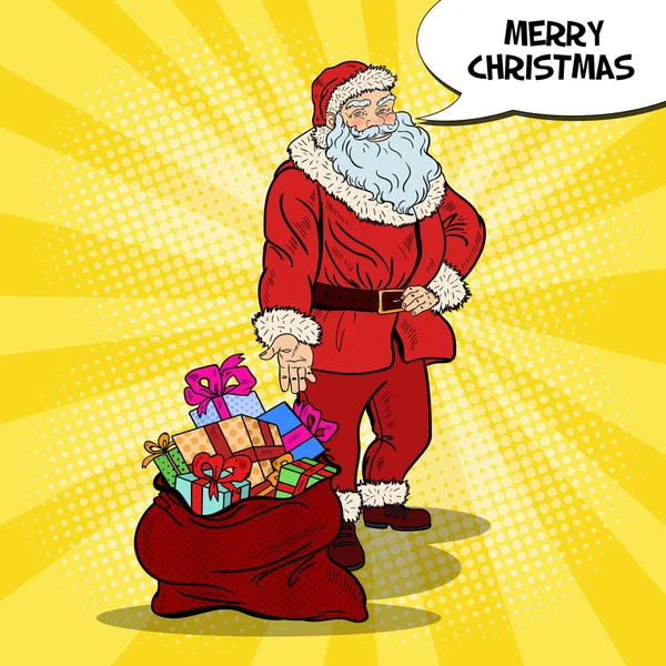 Pop Art Santa Claus sonriente con bolsa de regalos de Navidad y Año Nuevo. Ilustración vectorial — Archivo Imágenes Vectoriales