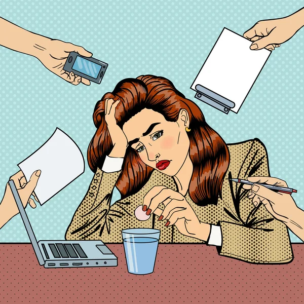 Pop-Art-Businessfrau trinkt Tabletten bei Multitasking-Büroarbeit. Vektorillustration — Stockvektor