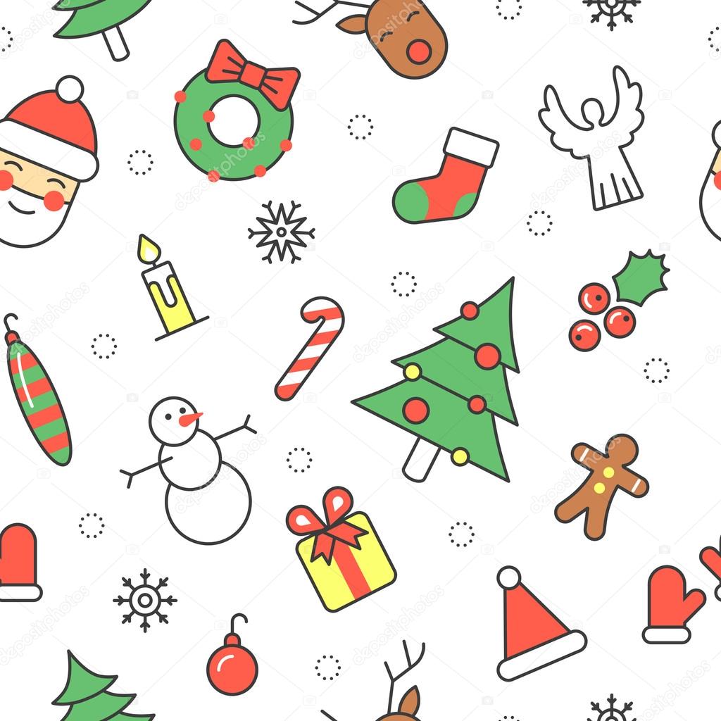 Merry Christmas and Happy New Year Seamless Pattern with Santa Snowman and Christmas Tree. Winter Holidays Wrapping Paper. Vector Background
