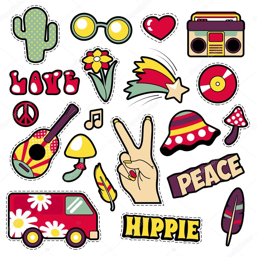 Fashion Hippie Badges, Patches, Stickers - Van Mushroom Guitar and Feather in Pop Art Comic Style. Vector illustration