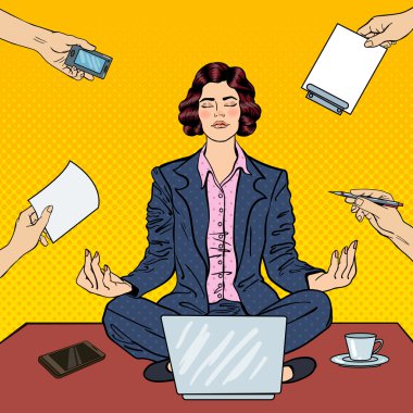 Pop sanat iş kadın Maditating Office çoklu iş görev Laptop tablo. Vektör çizim