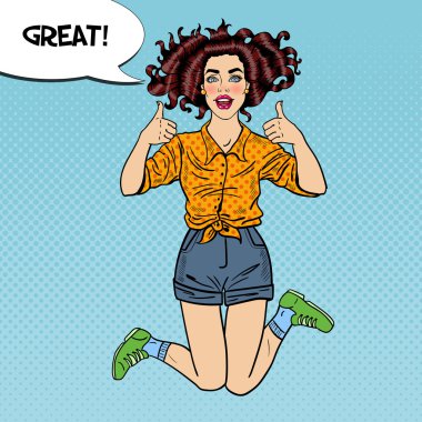 Pop Art genç atlama ve komik konuşma balonu büyük ile büyük başparmak el hareketi kadın heyecan. Vektör çizim