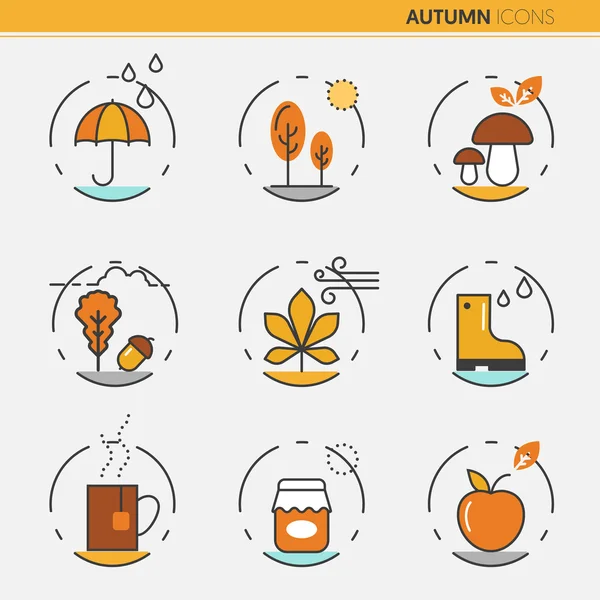 Ícones de Vetor de Linha Fina de Outono com Umbrella Rainy Weather e Nature Gifts —  Vetores de Stock