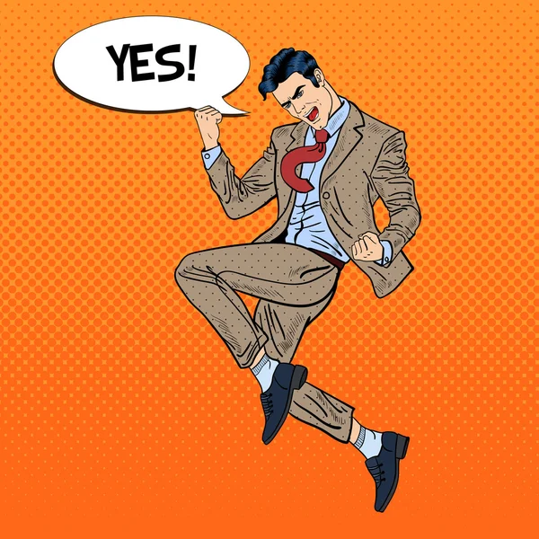 Pop Art Successful Businessman Jumping with Comic Speech Bubble Yes. Vector illustration — Stock Vector