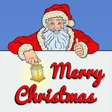 Merry Christmas Banner ile Pop Art Noel Baba. Kış tatil tebrik kartı vektör çizim