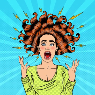 Pop Art Aggressive Furious Screaming Woman with Flying Hair and Flash. Vector illustration clipart
