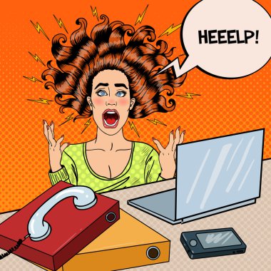 Sanat agresif öfkeli çığlık atan kadın dizüstü bilgisayar ile Office iş yerinde baba. Vektör çizim