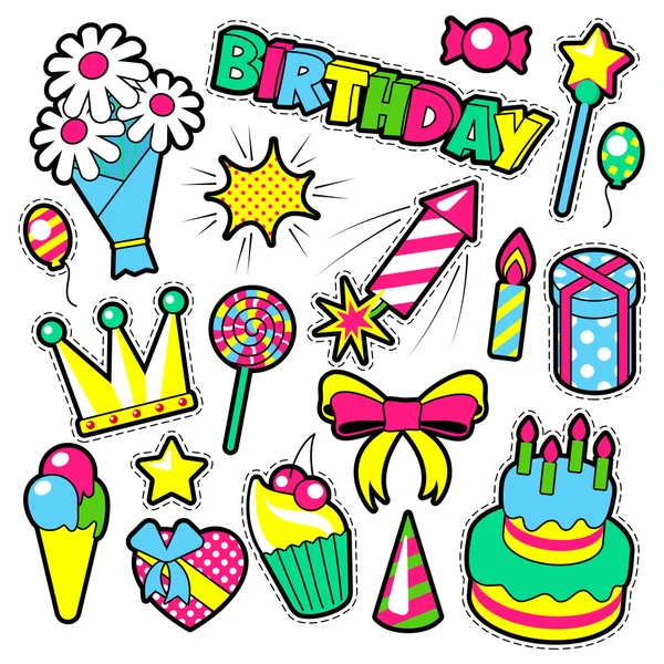 Divat jelvények, patch, matricák születésnapi téma. Boldog születésnapot Party elemek képregény stílusban, torta, léggömbök és ajándékok. Vektoros illusztráció — Stock Vector