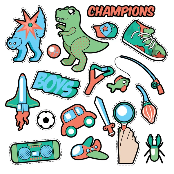 Insignias de moda, parches, pegatinas chicos tema. Juguetes, deportes, coche y grabadora de música en estilo cómico. Ilustración vectorial — Vector de stock