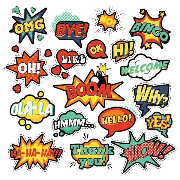 Insignias de moda, parches, pegatinas en el arte pop Comic Speech Bubbles Set con medias puntadas formas frescas con expresiones Wow, Bingo, Me gusta. Vector Fondo retro — Vector de stock