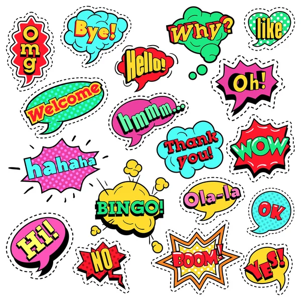 Insignias de moda, parches, pegatinas en el arte pop Comic Speech Bubbles Set con medias puntadas formas frescas con expresiones Wow, Bingo, Me gusta. Vector Fondo retro — Vector de stock