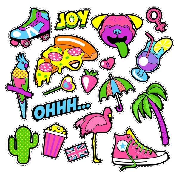 Insignias, parches, pegatinas para chicas de moda - Flamingo Bird, Pizza Parrot y Heart in Comic Style. Ilustración vectorial — Archivo Imágenes Vectoriales