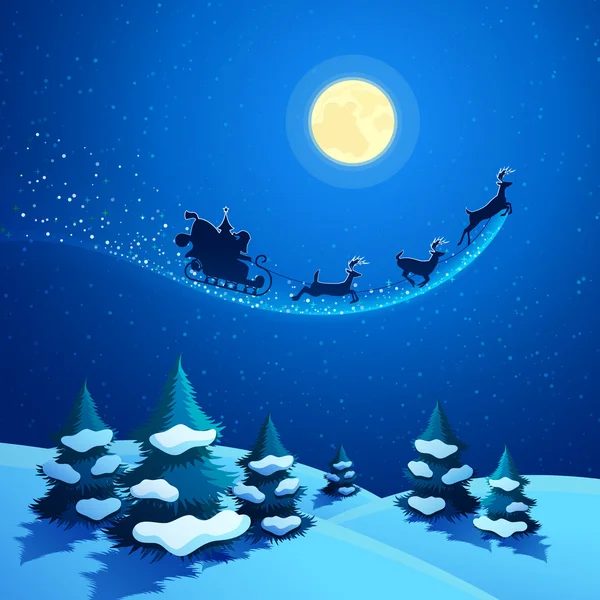 Feliz Navidad Naturaleza Paisaje con Santa Claus trineo y renos en el cielo iluminado por la luna. Tarjeta de felicitación de vacaciones de invierno. Fondo vectorial — Vector de stock