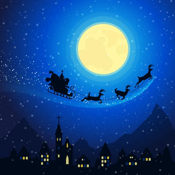 Feliz Navidad Ciudad Montaña Paisaje con Santa Claus Trineo con renos Volando en el cielo de la luna. Tarjeta de felicitación de vacaciones de invierno. Fondo vectorial — Archivo Imágenes Vectoriales