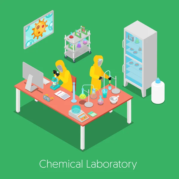 Laboratorul de cercetare chimică izometrică cu personal, microscop și frigider. Flat 3d ilustrație vectorială — Vector de stoc