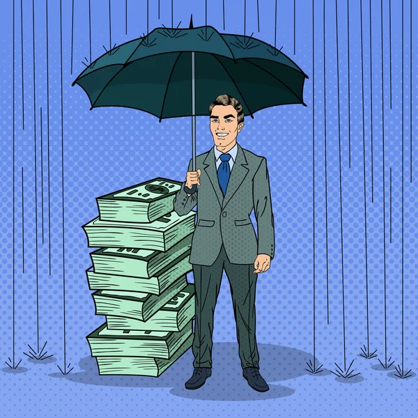 Pop Art Happy Businessman Proteggere i soldi dalla pioggia con ombrello. Illustrazione retrò vettoriale — Vettoriale Stock