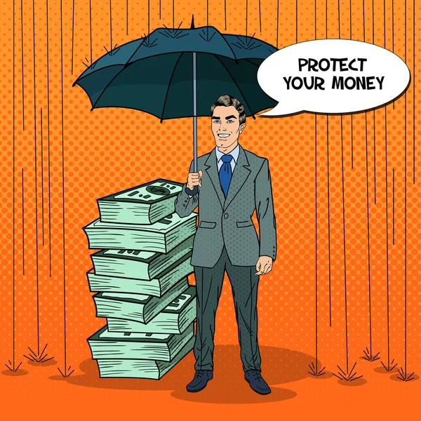 Поп-арт Happy Businessman Protecting Money from Rain with Umbrella. Комический пузырь речи. Векторная ретро-иллюстрация — стоковый вектор