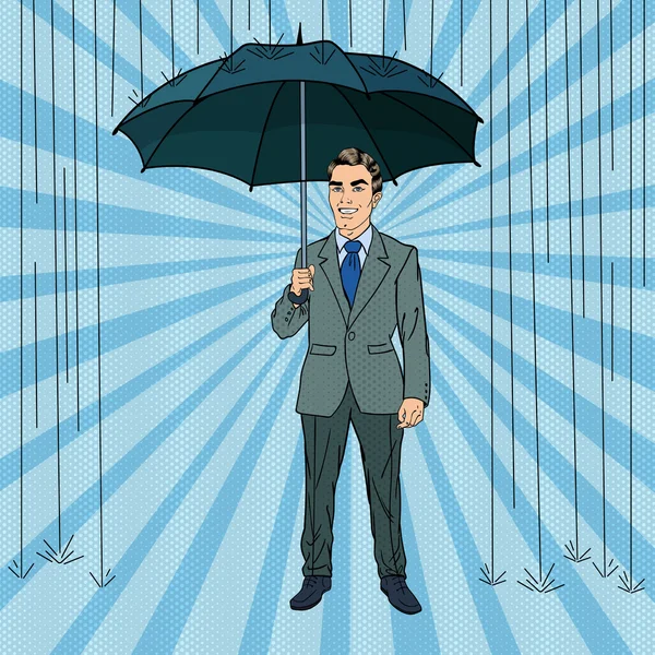 Pop Art glücklicher Geschäftsmann im Regen mit Regenschirm. Vektor-Retro-Illustration — Stockvektor