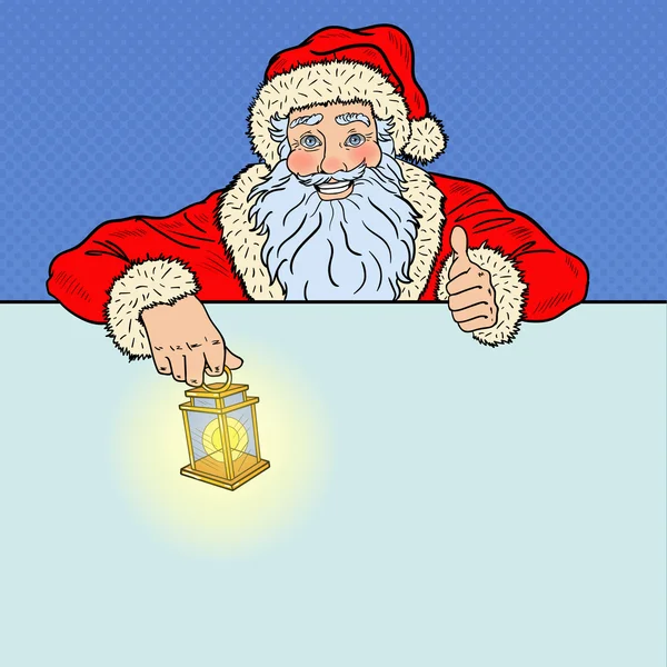 Pop Art Babbo Natale con pubblicità Banner vuoto. Buon Natale e Felice Anno Nuovo Biglietto di auguri. Illustrazione vettoriale — Vettoriale Stock